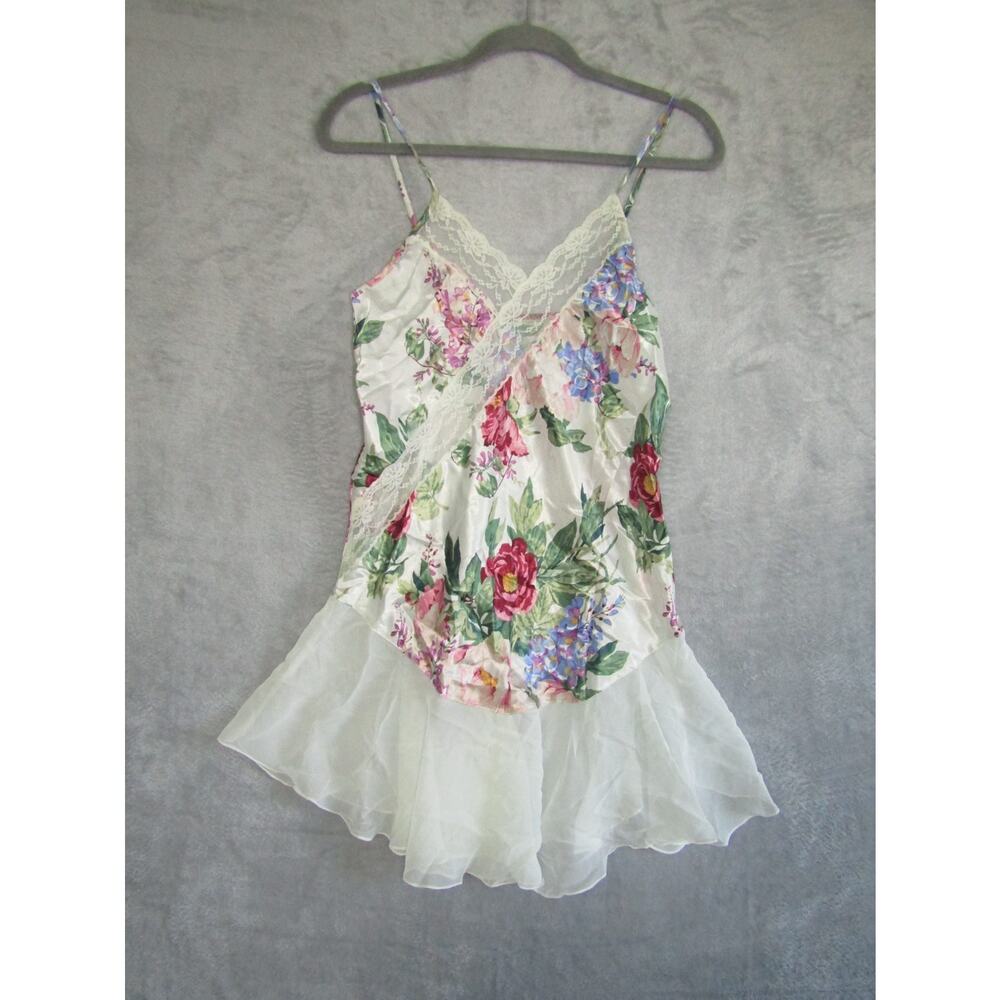 Amelia's Floral Lace Slip Dress M Satin Nightgown Sheer Ruffle Fairy Intimates